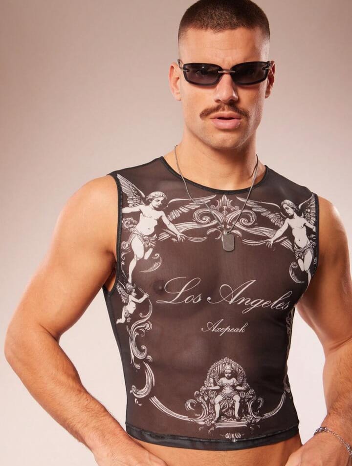 Fevercity Men's Angle Print Casual Fashion Tank Top Men Rave Top Men Mesh Crop Top Men Top Men's Graphic cropped Top Los Angeles Mesh Top